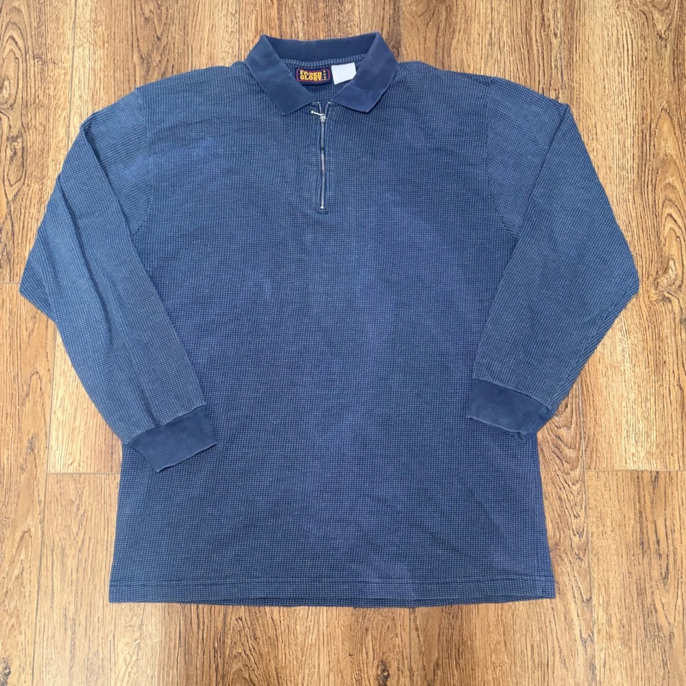 Y2K Faded Glory Mens Large Blue Waffle Knit Quarter Zip Long Sleeve Polo Shirt